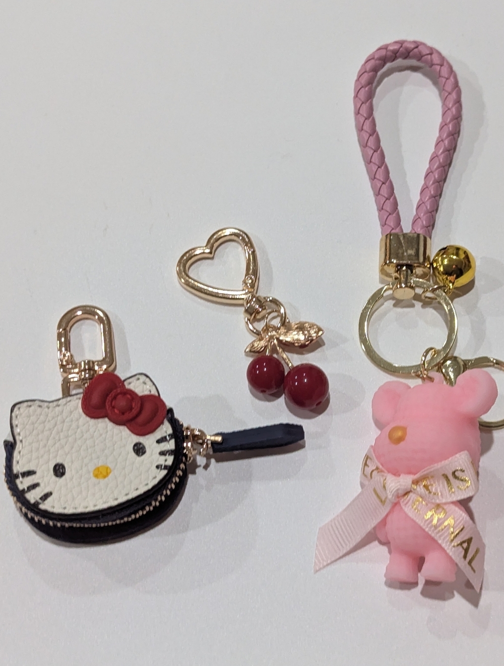 3 Charms Hello Kitty Mini Coin Bag Pink Bear And Cherry 🍒 Key Chain For Handbag